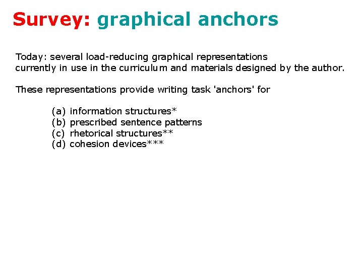 Survey: graphical anchors Today: several load-reducing graphical representations currently in use in the curriculum