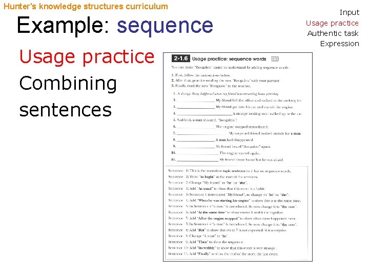 Hunter's knowledge structures curriculum Example: sequence Usage practice Combining sentences Input Usage practice Authentic