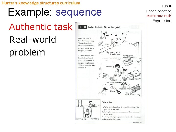 Hunter's knowledge structures curriculum Example: sequence Authentic task Real-world problem Input Usage practice Authentic