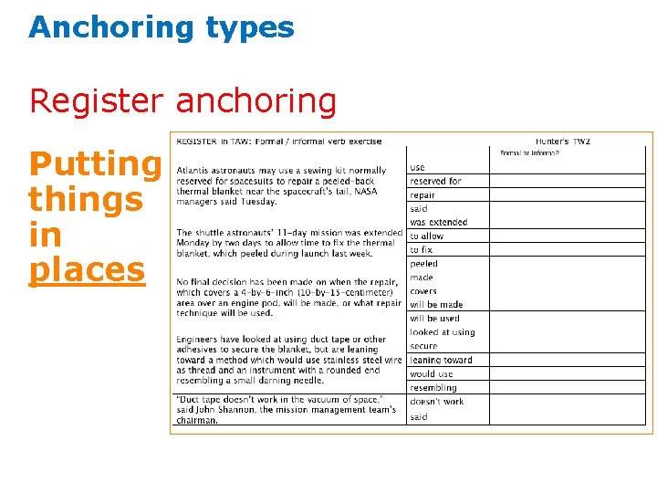 Anchoring types Register anchoring Putting things in places 
