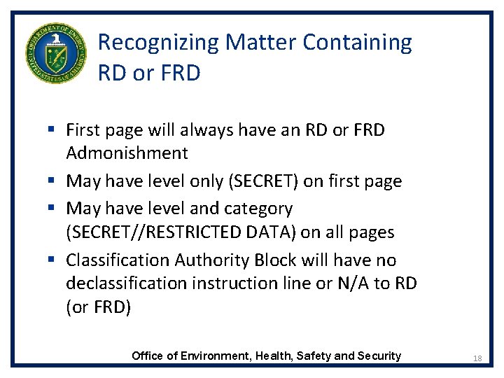 Recognizing Matter Containing RD or FRD § First page will always have an RD