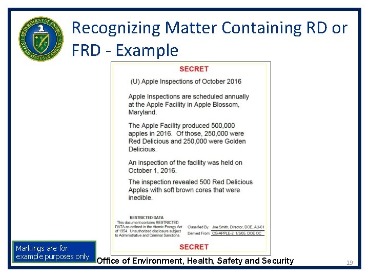 Recognizing Matter Containing RD or FRD - Example Markings are for example purposes only