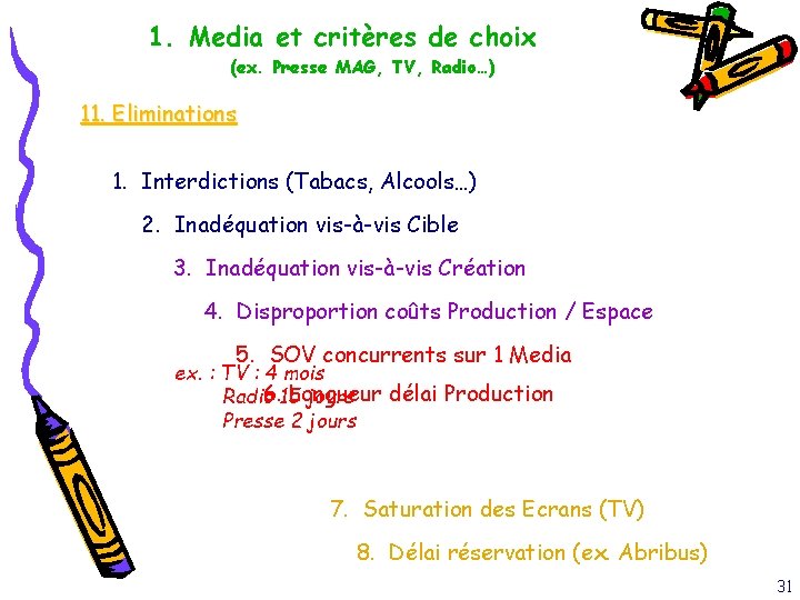 1. Media et critères de choix (ex. Presse MAG, TV, Radio…) 11. Eliminations 1.