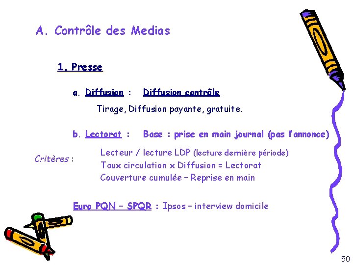 A. Contrôle des Medias 1. Presse a. Diffusion : Diffusion contrôle Tirage, Diffusion payante,