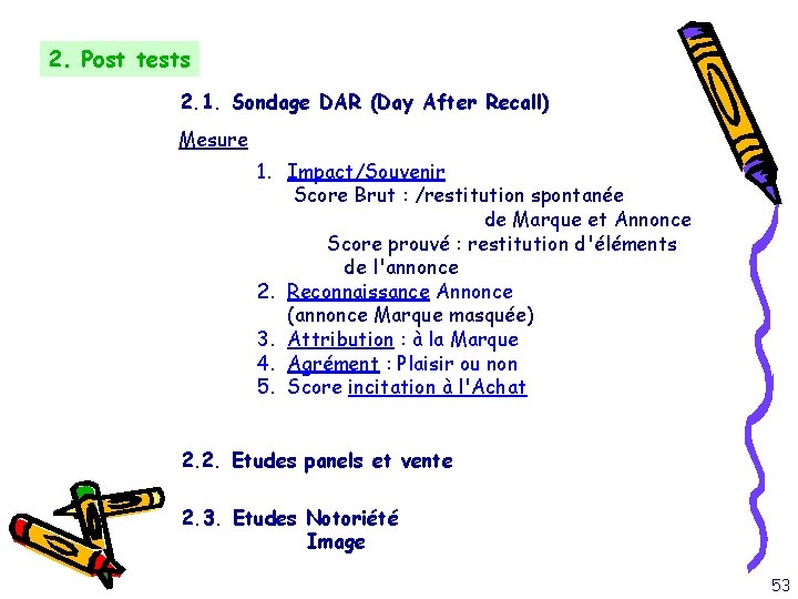 2. Post tests 2. 1. Sondage DAR (Day After Recall) Mesure 1. Impact/Souvenir Score