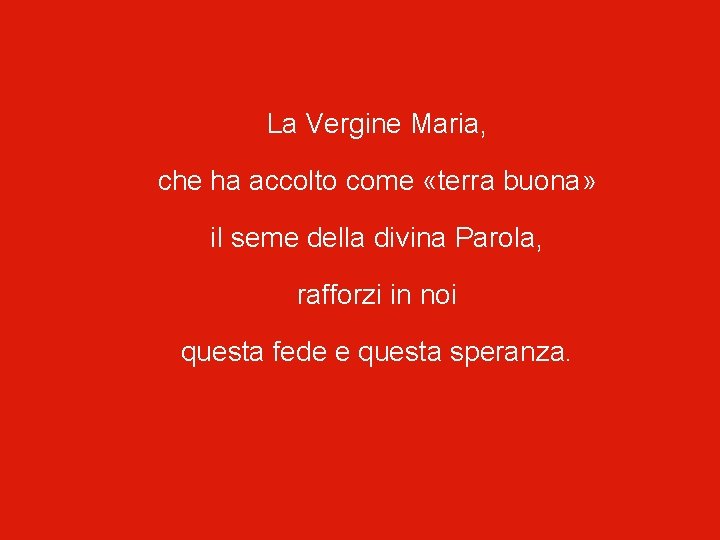 La Vergine Maria, che ha accolto come «terra buona» il seme della divina Parola,