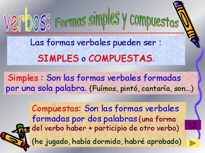 Las formas verbales pueden ser : SIMPLES o COMPUESTAS. Simples : Son las formas