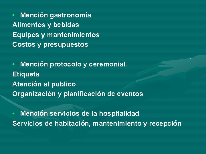  • Mención gastronomía Alimentos y bebidas Equipos y mantenimientos Costos y presupuestos •