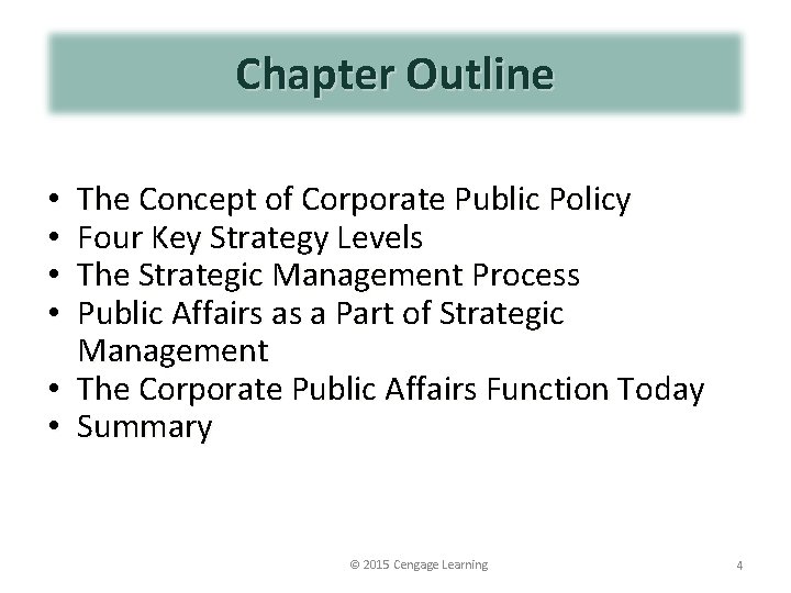 Chapter Outline The Concept of Corporate Public Policy Four Key Strategy Levels The Strategic