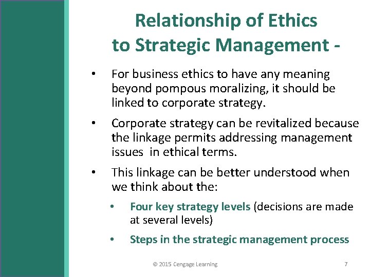 Relationship of Ethics to Strategic Management • For business ethics to have any meaning