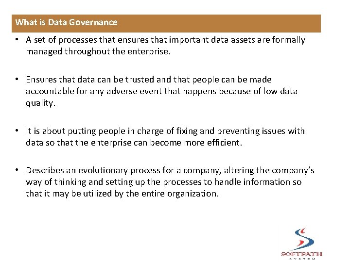 What is Data Governance • A set of processes that ensures that important data