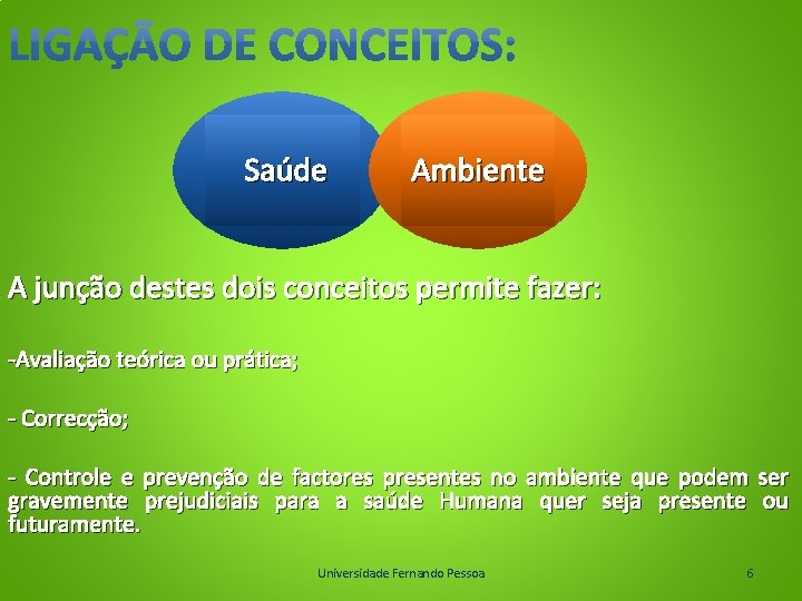  Saúde Ambiente A junção destes dois conceitos permite fazer: -Avaliação teórica ou prática;