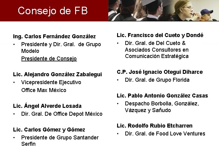 Consejo de FB Ing. Carlos Fernández González • Presidente y Dir. Gral. de Grupo