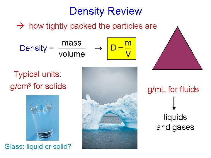 Density Review how tightly packed the particles are m Density = D Typical units: