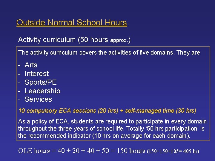 Outside Normal School Hours Activity curriculum (50 hours approx. ) The activity curriculum covers