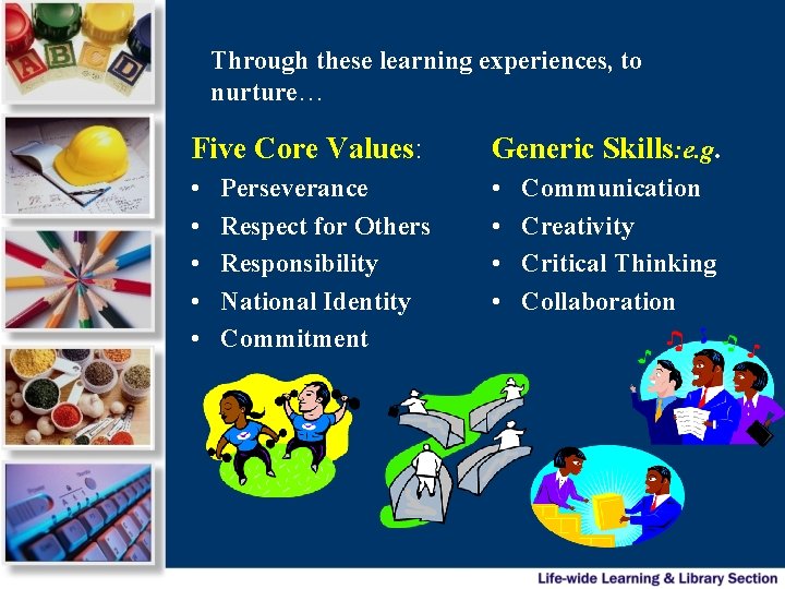 Through these learning experiences, to nurture… Five Core Values: Generic Skills: e. g. •