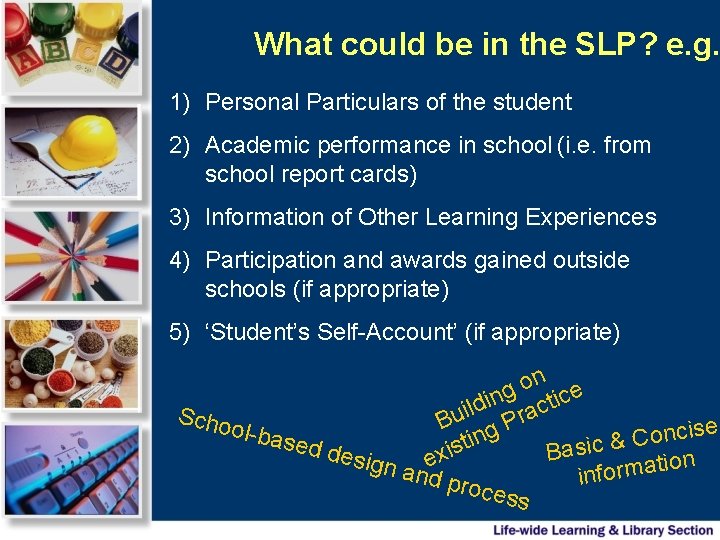 What could be in the SLP? e. g. 1) Personal Particulars of the student