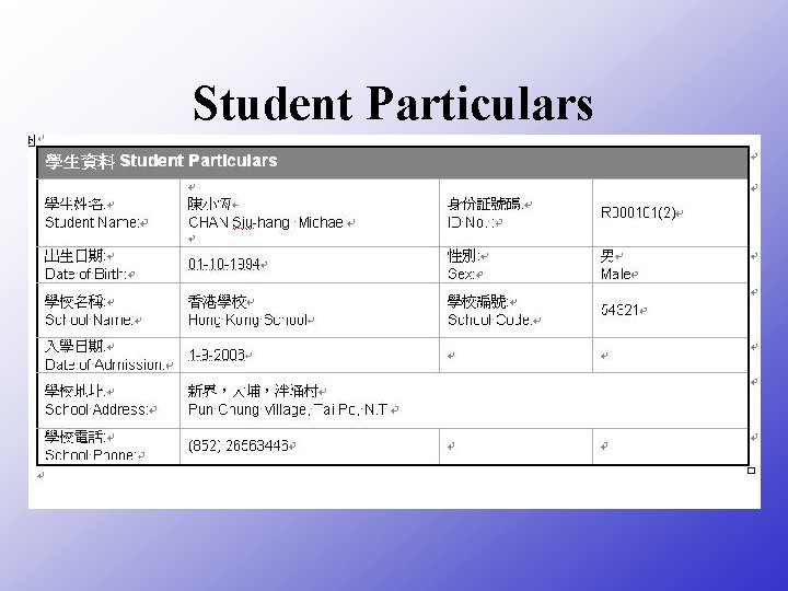 Student Particulars 