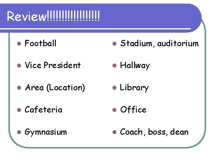 Review!!!!!!!!! l Football l Stadium, auditorium l Vice President l Hallway l Area (Location)