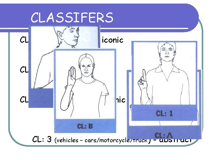 CLASSIFERS CL: B (a flat surface) – iconic CL: 1 (an person) – iconic