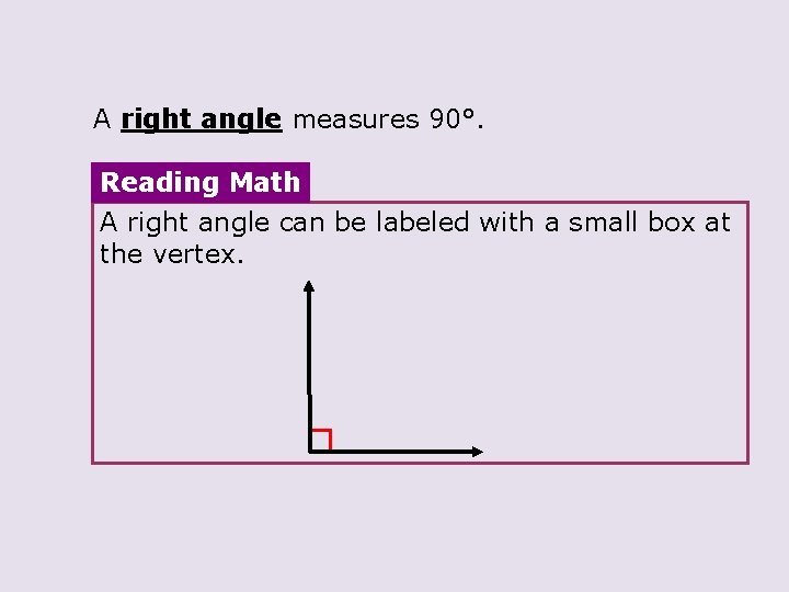 A right angle measures 90°. Reading Math A right angle can be labeled with