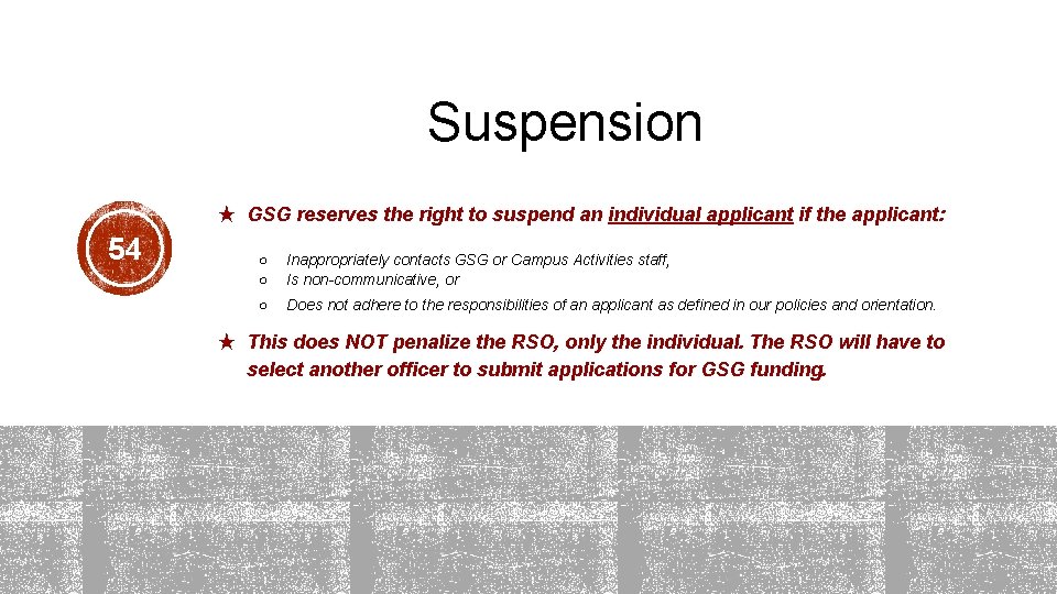 Suspension ★ GSG reserves the right to suspend an individual applicant if the applicant: Suspension ★ GSG reserves the right to suspend an individual applicant if the applicant: