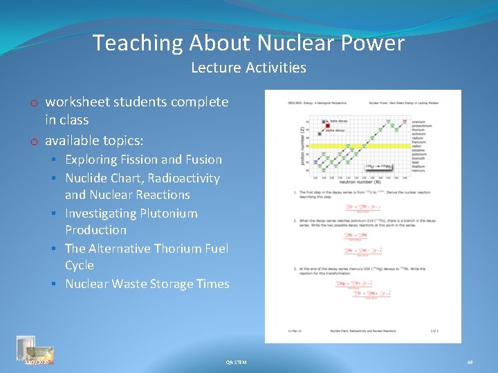 Teaching About Nuclear Power Lecture Activities o worksheet students complete in class o available