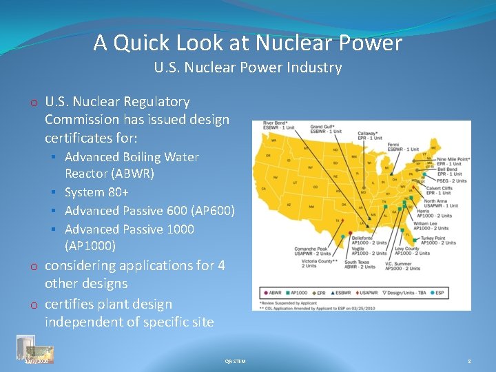 A Quick Look at Nuclear Power U. S. Nuclear Power Industry o U. S.