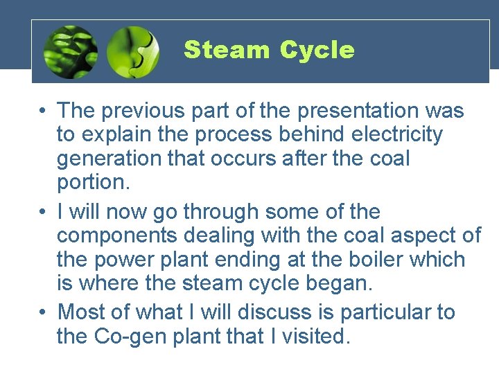 Steam Cycle • The previous part of the presentation was to explain the process