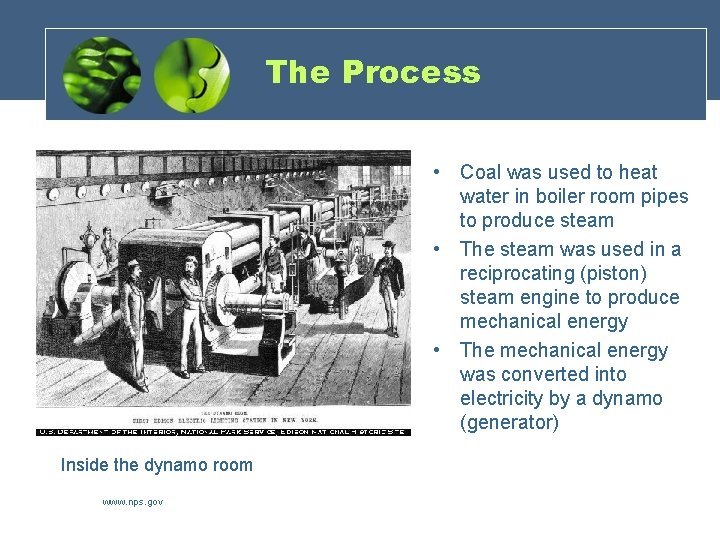 The Process • Coal was used to heat water in boiler room pipes to