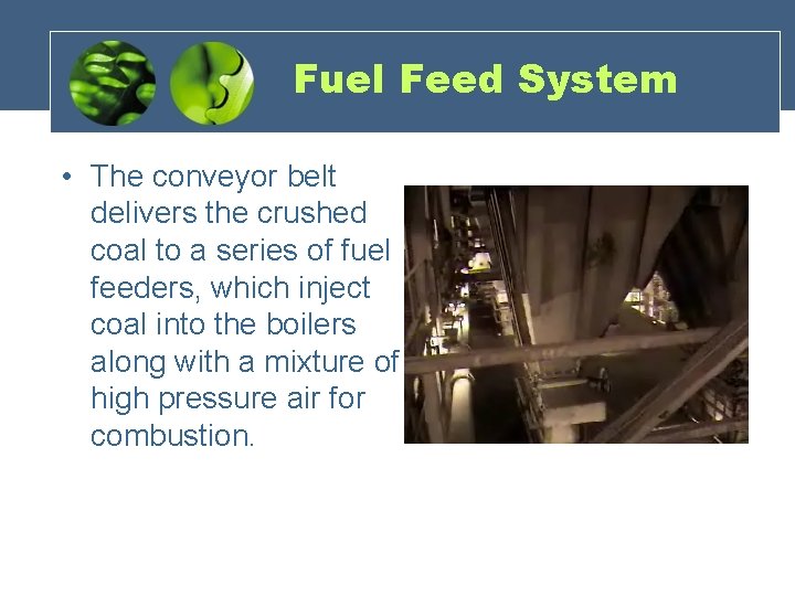 Fuel Feed System • The conveyor belt delivers the crushed coal to a series
