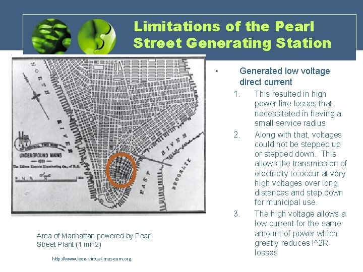 Limitations of the Pearl Street Generating Station • Generated low voltage direct current 1.
