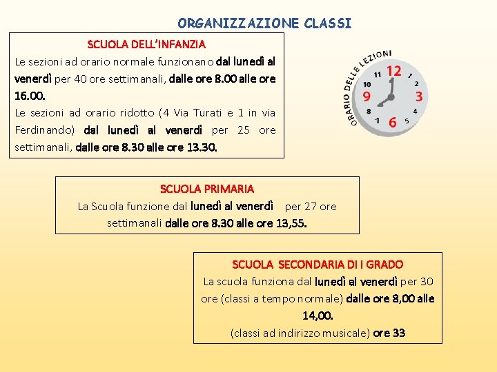 ORGANIZZAZIONE CLASSI SCUOLA DELL’INFANZIA Le sezioni ad orario normale funzionano dal lunedì al venerdì