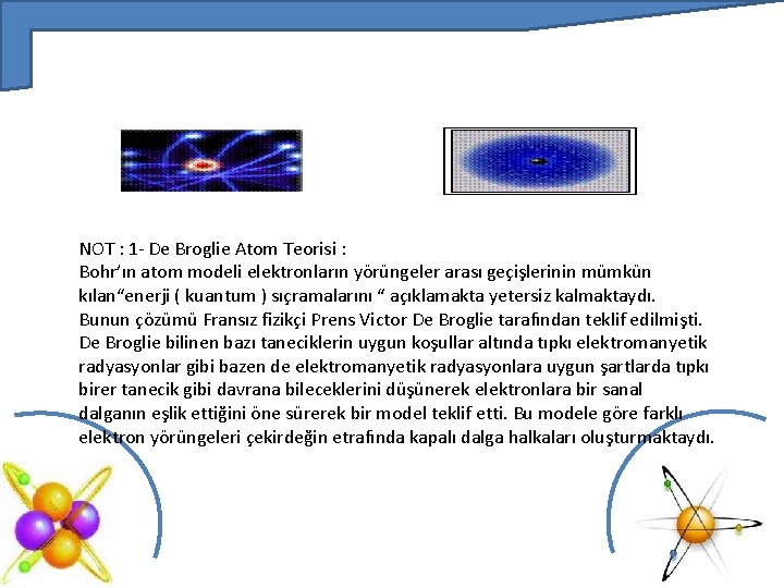 NOT : 1 - De Broglie Atom Teorisi : Bohr’ın atom modeli elektronların yörüngeler