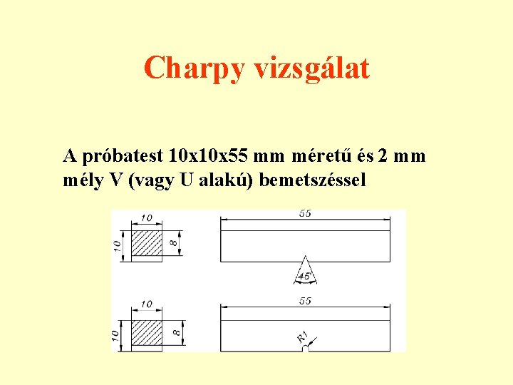 Charpy vizsgálat A próbatest 10 x 55 mm méretű és 2 mm mély V