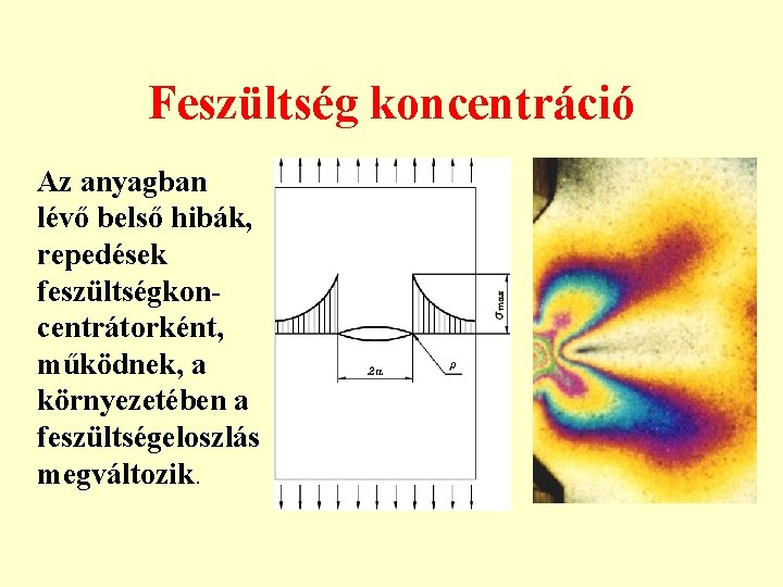 Feszültség koncentráció Az anyagban lévő belső hibák, repedések feszültségkoncentrátorként, működnek, a környezetében a feszültségeloszlás