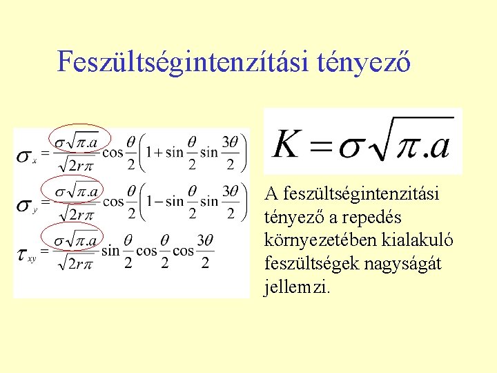 Feszültségintenzítási tényező A feszültségintenzitási tényező a repedés környezetében kialakuló feszültségek nagyságát jellemzi. 