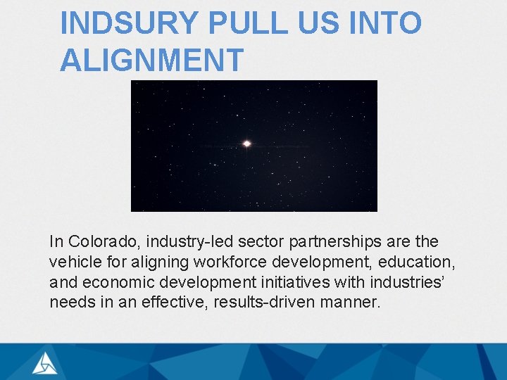 INDSURY PULL US INTO ALIGNMENT In Colorado, industry-led sector partnerships are the vehicle for