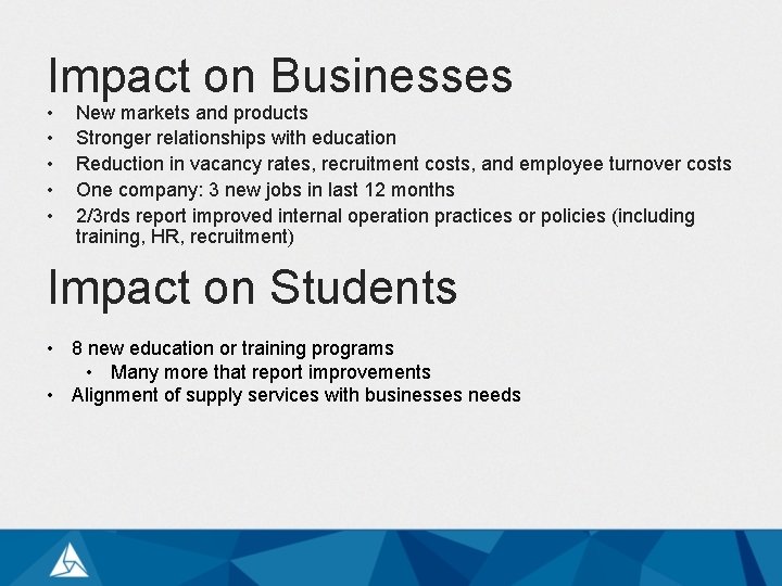 Impact on Businesses • • • New markets and products Stronger relationships with education