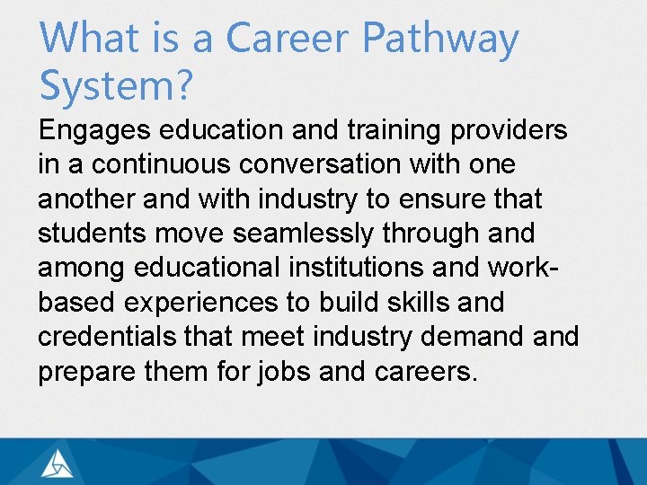 What is a Career Pathway System? Engages education and training providers in a continuous