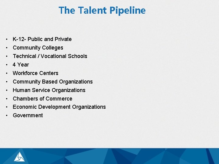 The Talent Pipeline • K-12 - Public and Private • Community Colleges • Technical