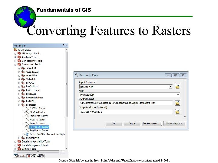 Fundamentals of GIS ------Using GIS-- Converting Features to Rasters Lecture Materials by Austin Troy,