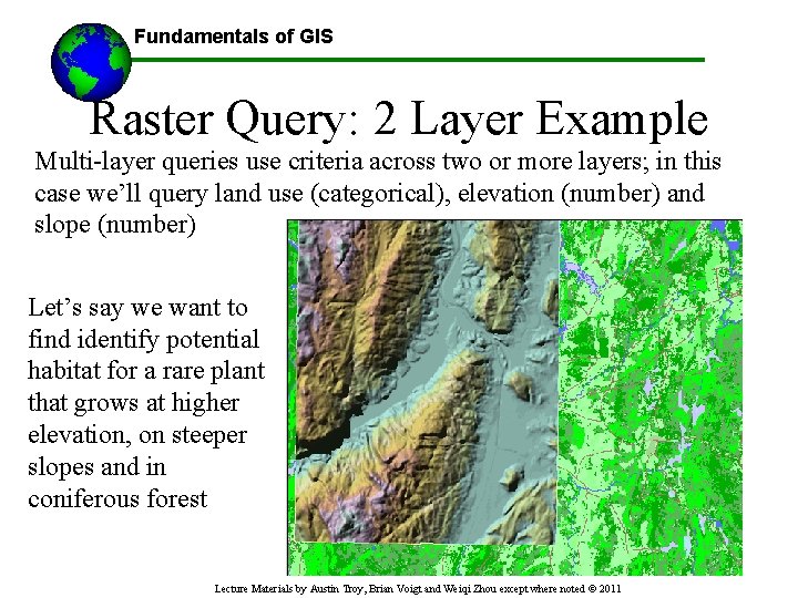 Fundamentals of GIS ------Using GIS-- Raster Query: 2 Layer Example Multi-layer queries use criteria