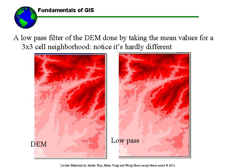 Fundamentals of GIS A low pass filter of the DEM done by taking the