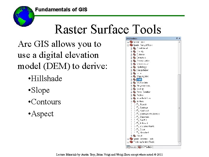 Fundamentals of GIS Raster Surface Tools Arc GIS allows you to use a digital