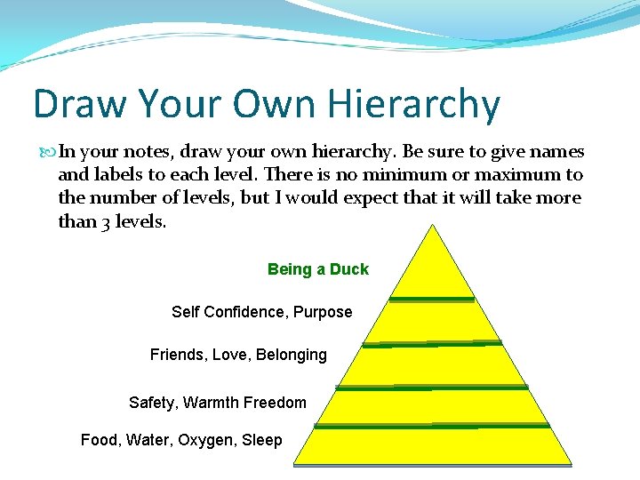 Draw Your Own Hierarchy In your notes, draw your own hierarchy. Be sure to