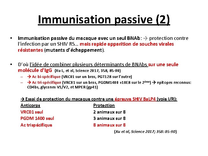 Immunisation passive (2) • Immunisation passive du macaque avec un seul BNAb: → protection