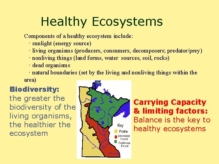 Healthy Ecosystems Components of a healthy ecosystem include: · sunlight (energy source) · living