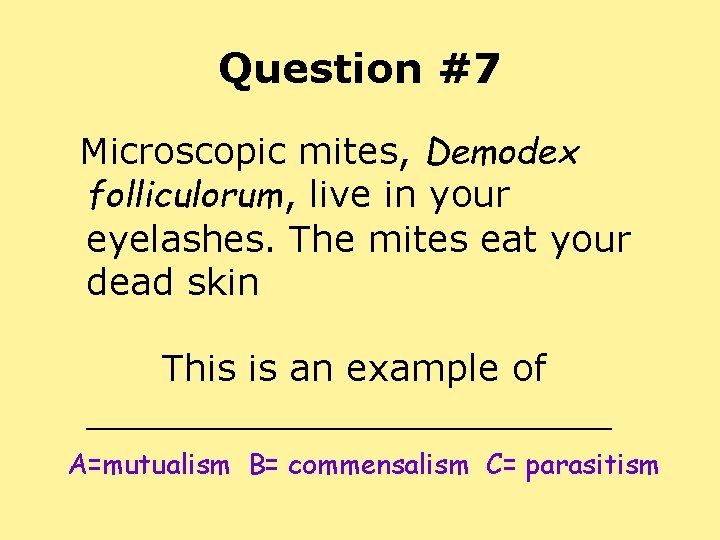 Question #7 Microscopic mites, Demodex folliculorum, live in your eyelashes. The mites eat your