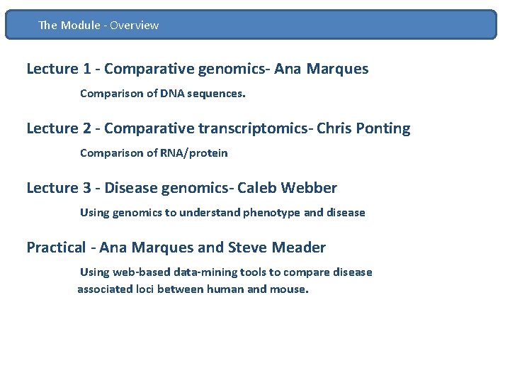 The Module - Overview Lecture 1 - Comparative genomics- Ana Marques Comparison of DNA